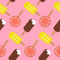 Seamless pattern ice cream popsicle in chocolate and citrus fruit ice