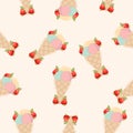 Seamless pattern with Ice cream with strawberry, mint flavor in wafer cone with strawberries and mint leaves Royalty Free Stock Photo