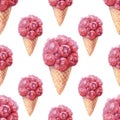 Seamless pattern of Ice cream in a waffle cone from s buds of roses on white background