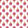 Seamless pattern of Ice cream in a waffle cone from s buds of roses on white background