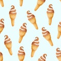 Seamless pattern with ice cream in the waffle cone with vanilla and caramel taste on soft blue background. Hand drawn