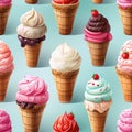 seamless pattern with ice cream in a waffle with strawberry berry on blue background