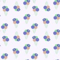Seamless pattern of ice creams decorated with cookies in blue summer color.