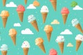 A seamless pattern of ice creams with different flavors on a blue background. AI generation