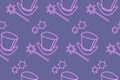 Seamless pattern with Icon, symbol of a magician, wizard or conjurer. Top hat, shiny magic wand. Blue purple pink vector texture.