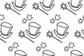 Seamless pattern with Icon, symbol of a magician, wizard or conjurer. Top hat, shiny magic wand. Contour vector black and white