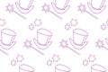 Seamless pattern with Icon, symbol of a magician, wizard or conjurer. Top hat, shiny magic wand. Vector background and texture.