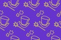 Seamless pattern with Icon, symbol of a magician, wizard or conjurer. Top hat, shiny magic wand. Vector background and texture.