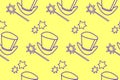 Seamless pattern with Icon, symbol of a magician, wizard or conjurer. Top hat, shiny magic wand. Yellow purple pink vector texture