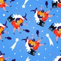 Seamless pattern with icons of Befana. Background with cute witch and cat for Happy Epiphany day.