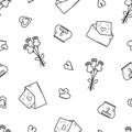 Seamless pattern icons concept of Valentine s day. Vector doodle romantic accessories candles hearts glasses of wine, flower gift