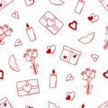 Seamless pattern icons concept of Valentine s day. Vector doodle romantic accessories candles hearts glasses of wine, flower gift