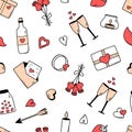 Seamless pattern icons concept of Valentine s day. Vector doodle romantic accessories candles hearts ring bottle and glasses of