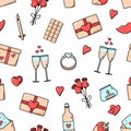 Seamless pattern icons concept of Valentine s day. Vector doodle romantic accessories candles hearts ring bottle and glasses of