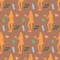 Seamless pattern with icons of fitness women, gym dumbbells, bottles of water, hearts, and apples. Vector illustration.