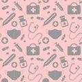 Seamless pattern with icons medical tools and medicines - first aid kit, syringe, stethoscope, thermometer, medical mask, medicine Royalty Free Stock Photo