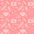 Seamless pattern with icons medical tools and medicines - first aid kit, syringe, stethoscope, thermometer, medical mask, medicine