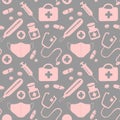 Seamless pattern with icons medical tools and medicines - first aid kit, syringe, stethoscope, thermometer, medical mask, medicine