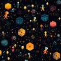 Seamless pattern with icons of people and symbols on dark background