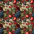 Seamless pattern with illustrated fresh berries on brown wooden background. Pattern for napkins, tablecloth, textile. Copy space