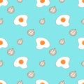 Seamless pattern illustrating breackfast with fried eggs and alarm clock.