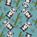 Seamless pattern illustration_1_cute Panda painted in childrens style sitting in a thicket of bamboo with leaves Royalty Free Stock Photo