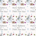 Seamless pattern illustration for decoration wrapper packaging A snowman with a bucket on his head waving his hand standing among