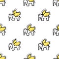 Seamless pattern with Illustration elephant with wings a doodle style black yellow color on white background Royalty Free Stock Photo