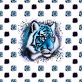 Seamless pattern with faces of an ice tiger, large and small, with elements and splashes