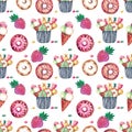 Seamless pattern. Illustration hand painted watercolor acrylic gouache Dessert donut sundae sweets strawberry Design for digital