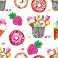 Seamless pattern. Illustration hand painted watercolor acrylic gouache Dessert donut sundae sweets strawberry Design for digital