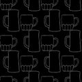 Seamless pattern with illustration mugs of beer in line art on black background