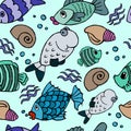 seamless pattern, illustration, multicolored fish, bubbles, seashells on the background of sea Royalty Free Stock Photo