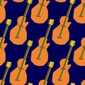 Seamless pattern with illustration of musical instrument electric guitar in cutting style orange color on blue Royalty Free Stock Photo