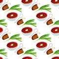 Seamless pattern with Illustration plate of borsch Ukrainian cuisine