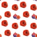 Seamless pattern illustration with red roses and figs