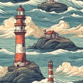 Seamless pattern illustration with see marine theme and lighthouse, background