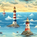 Seamless pattern illustration with see marine theme and lighthouse, background