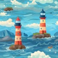 Seamless pattern illustration with see marine theme and lighthouse, background