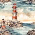 Seamless pattern illustration with see marine theme and lighthouse, background