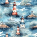 Seamless pattern illustration with see marine theme and lighthouse, background