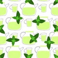 Seamless pattern with illustration teapot and cup with mint green tea