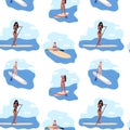 Seamless pattern with illustration Water sports. Young woman standing on sup board isolated.