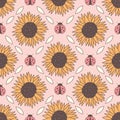 seamless pattern illustration with yellow sunflowers, ladybugs and white stylized leaves on pastel pink background Royalty Free Stock Photo