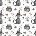 Seamless pattern with illustrations of black cat, spiders and scary Halloween things.