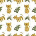 Seamless pattern with illustrations of cute leopard and tropical leaves.