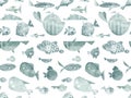 Seamless pattern with illustrations of flat style fish with doodle isolated on white background. Stylized artistic