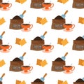 Seamless pattern with illustrations on the theme of coffee. Crackers and a bag of coffee beans Royalty Free Stock Photo