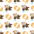 Seamless pattern with illustrations on the theme of coffee. Croissants and iced coffee