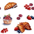 Seamless pattern with the image of croissants and berries raspberries, strawberries, currants and blueberries. Watercolor